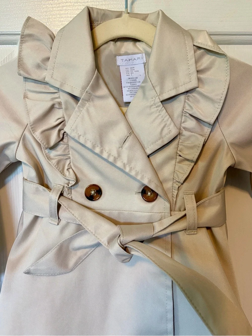 Tahari Trench Coat Toddler Girl 18 Month Tan Khaki Belted Ruffles Buttons Trendy
